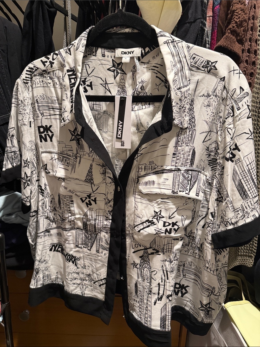DKNY Black and White Skyline Sketch Button-Down Shirt